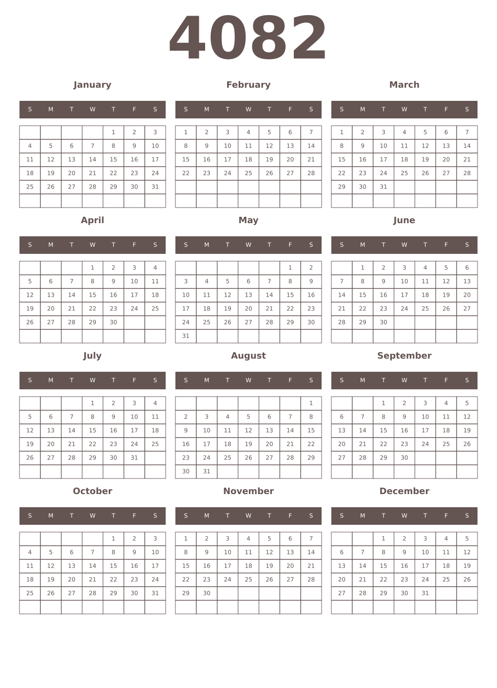 Printable 4082 Year Calendars wenge