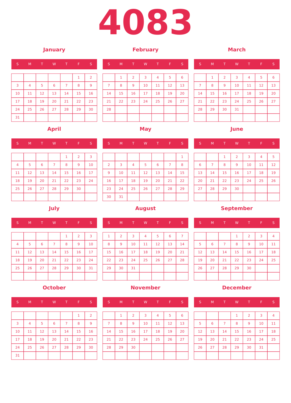 Printable 4083 Year Calendars amaranth