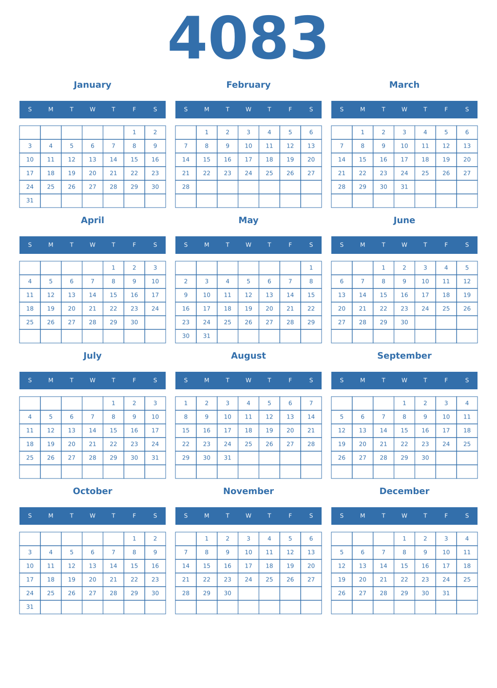 Printable 4083 Year Calendars blue