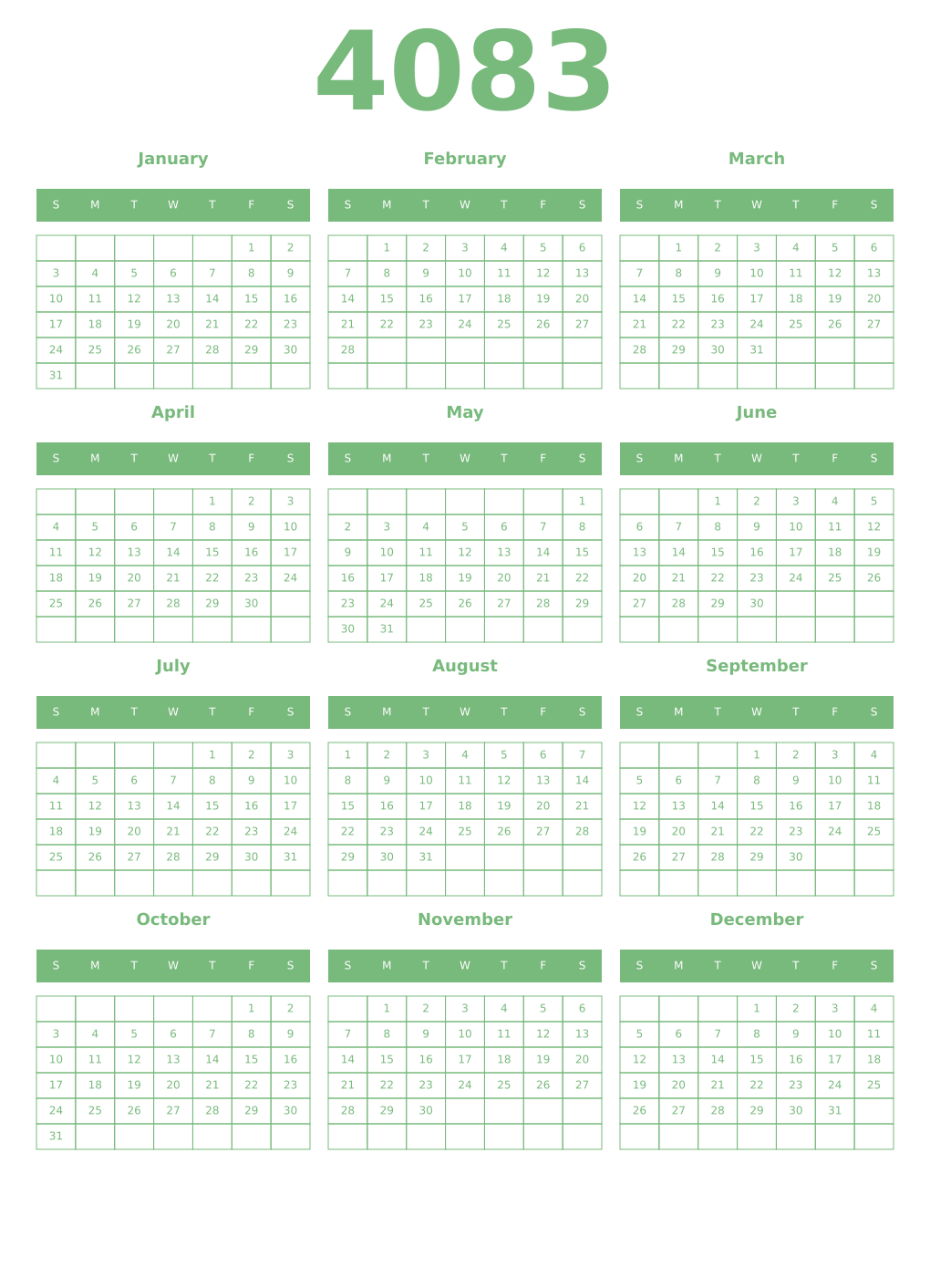 Printable 4083 Year Calendars celadon
