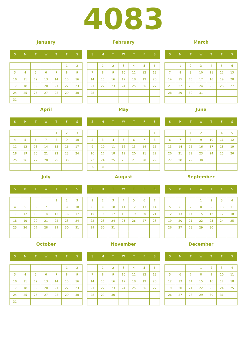 Printable 4083 Year Calendars chartreuse