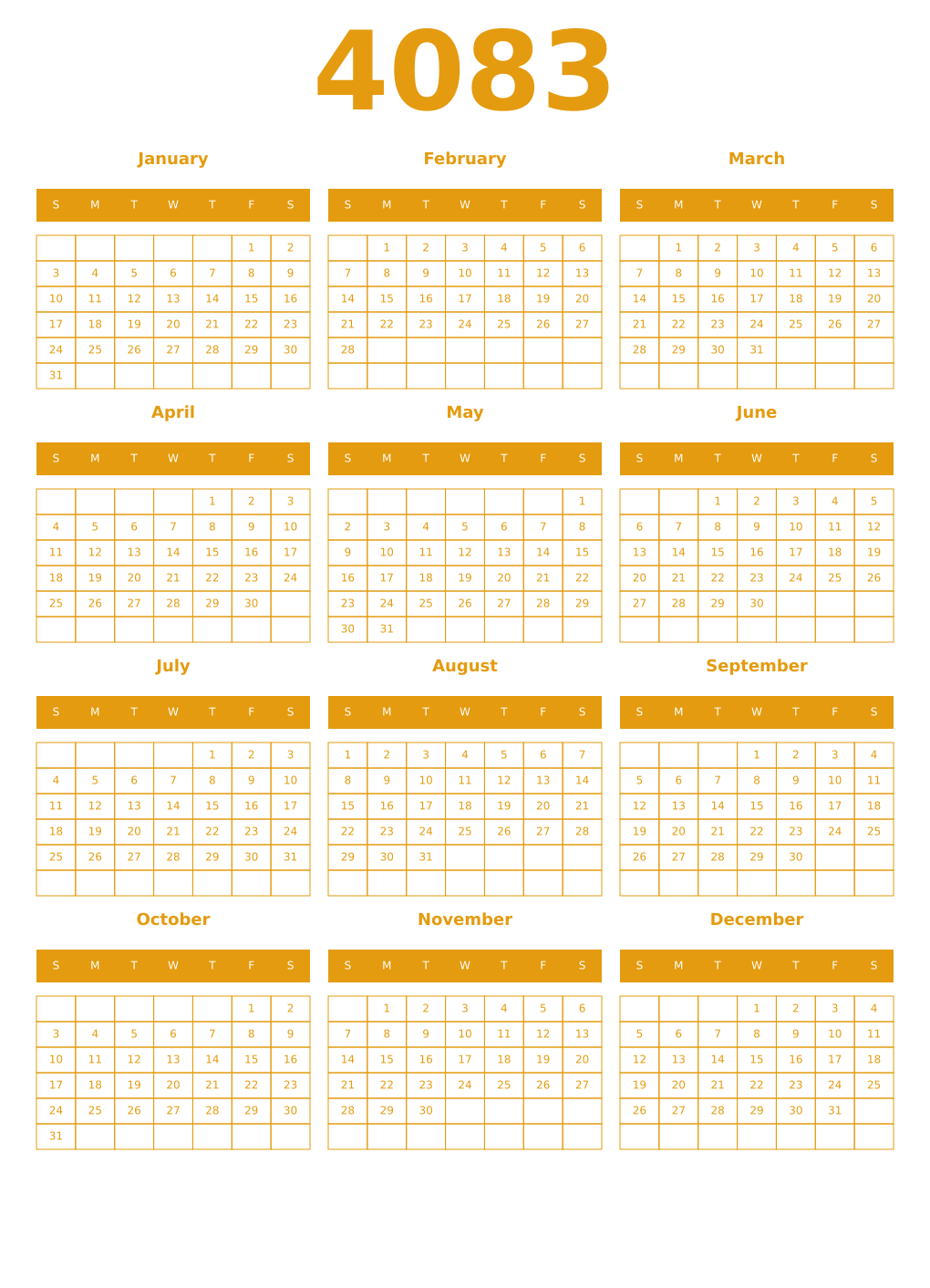 Printable 4083 Year Calendars gamboge