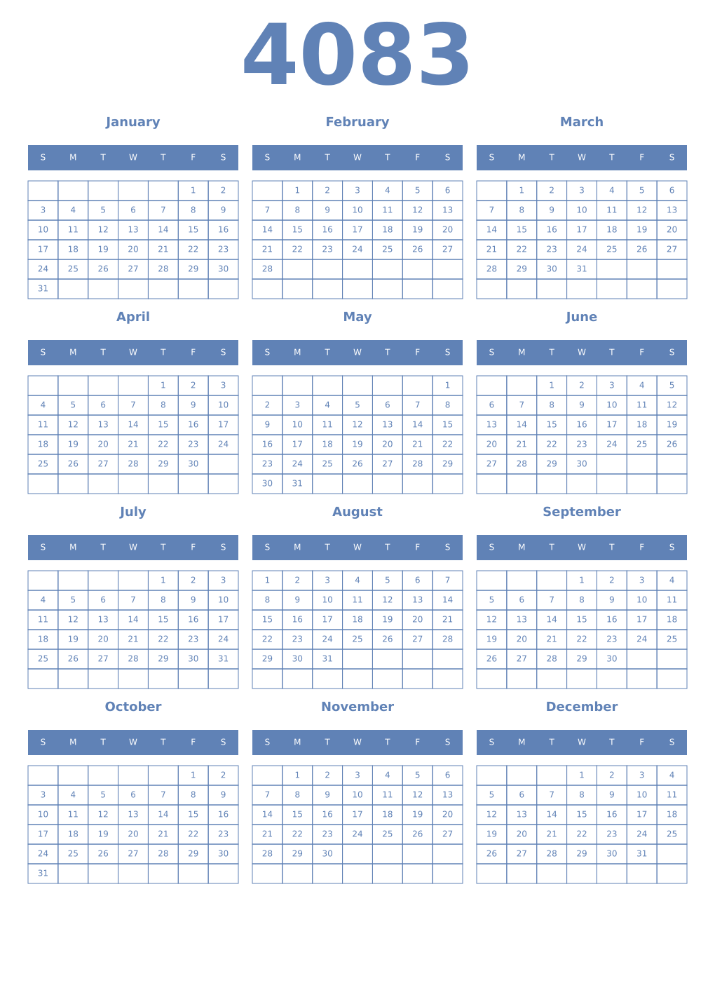 Printable 4083 Year Calendars glaucous