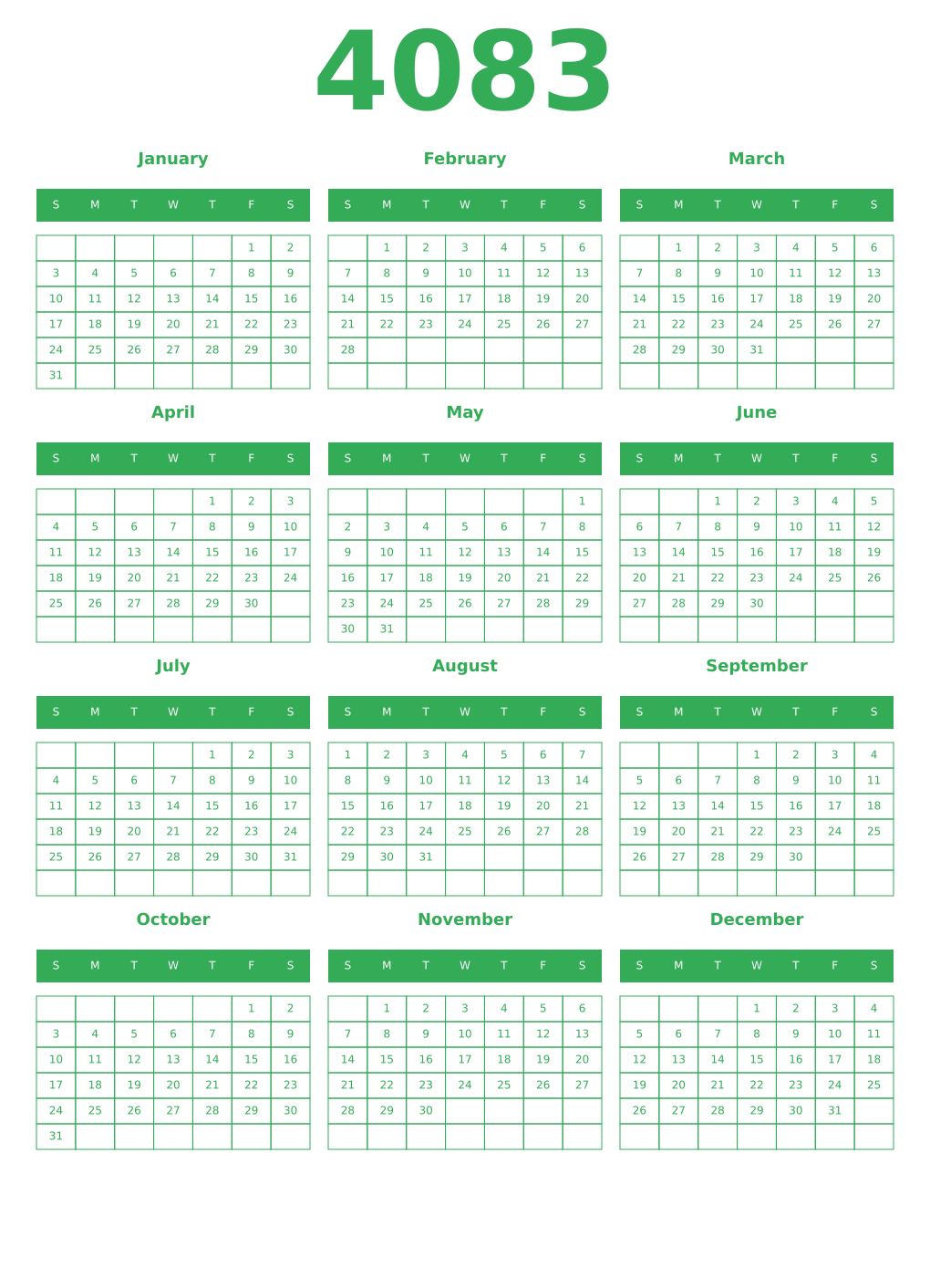 Printable 4083 Year Calendars green