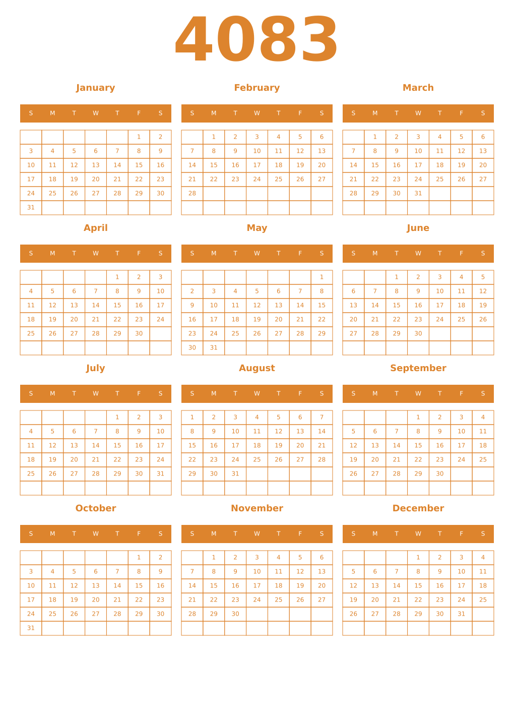 Printable 4083 Year Calendars orange