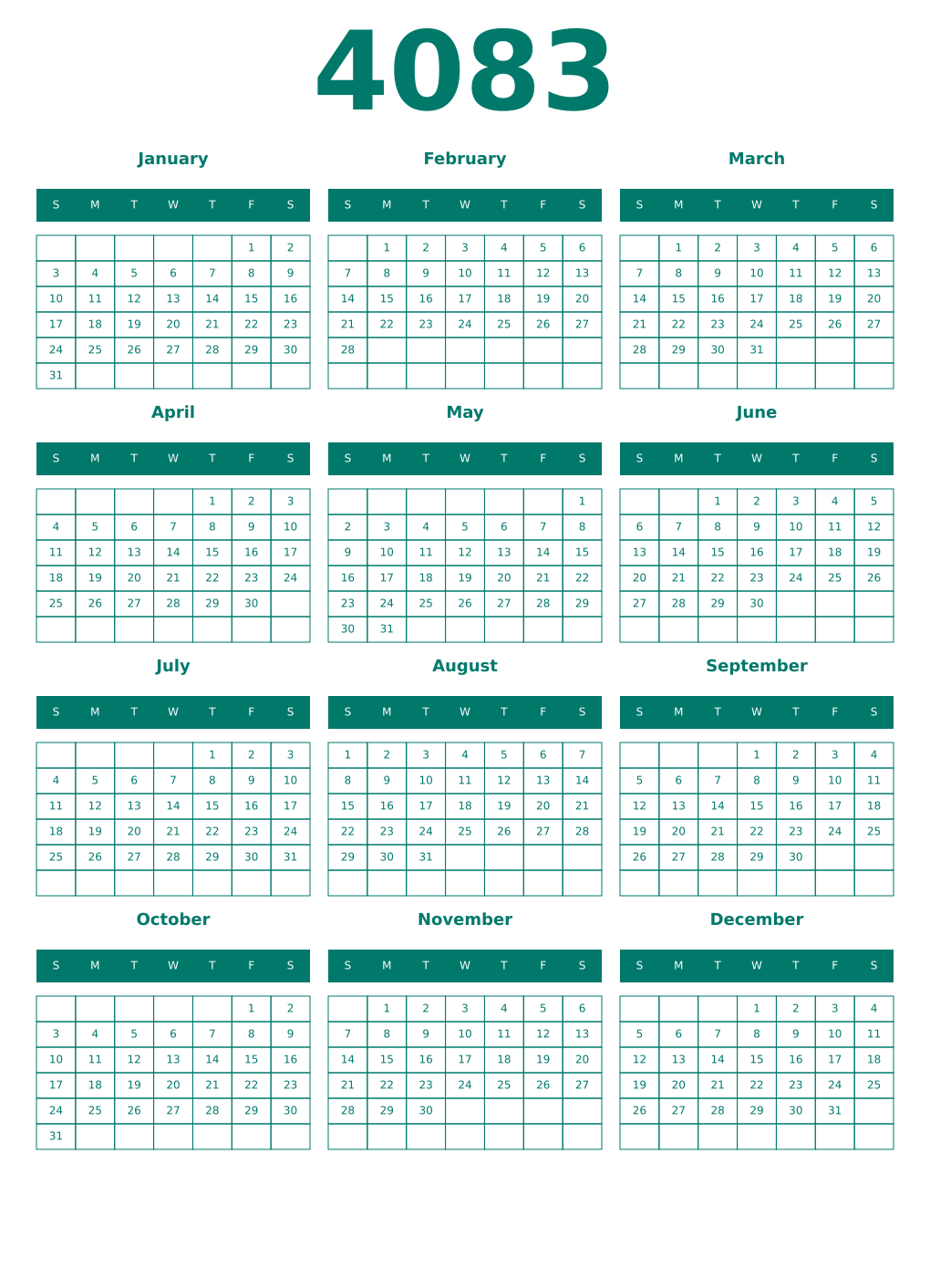 Printable 4083 Year Calendars pastel