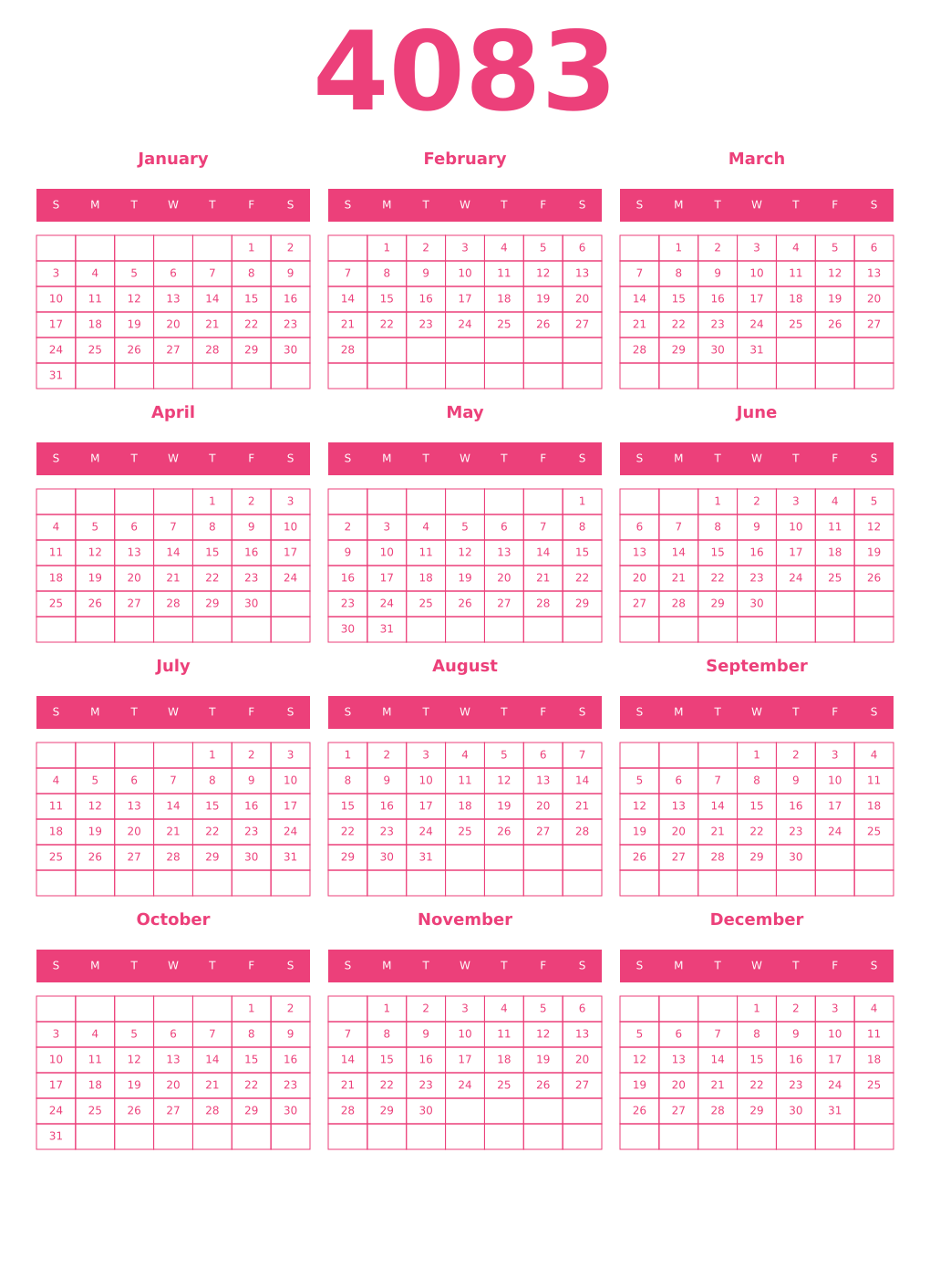 Printable 4083 Year Calendars pink