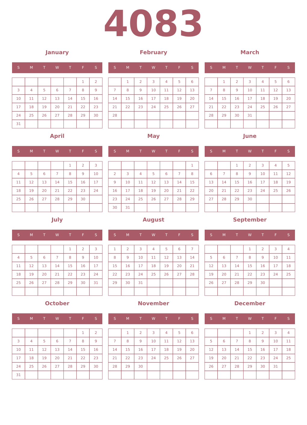 Printable 4083 Year Calendars puce