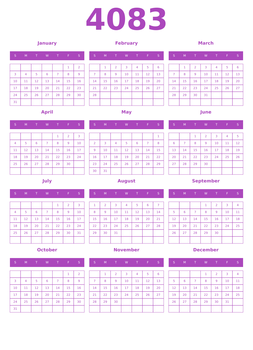 Printable 4083 Year Calendars purple