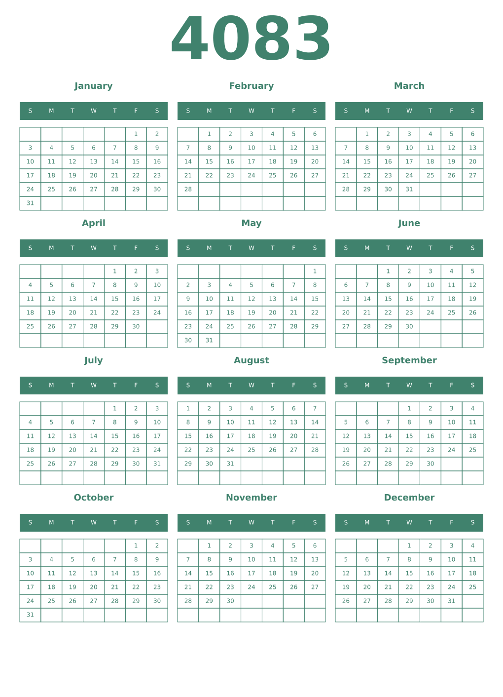 Printable 4083 Year Calendars viridian