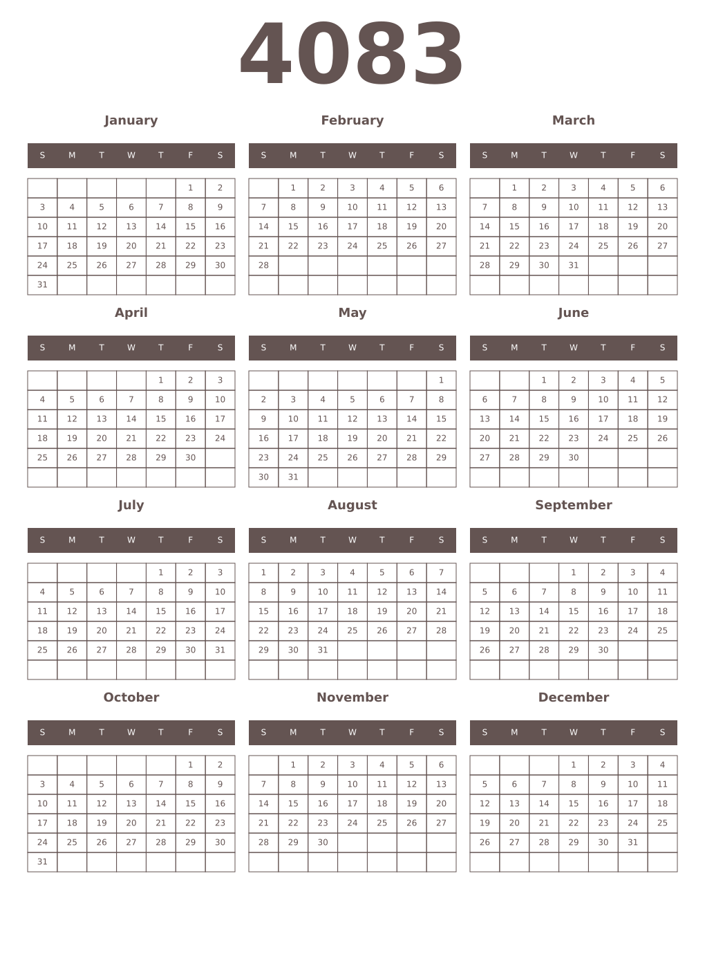 Printable 4083 Year Calendars wenge