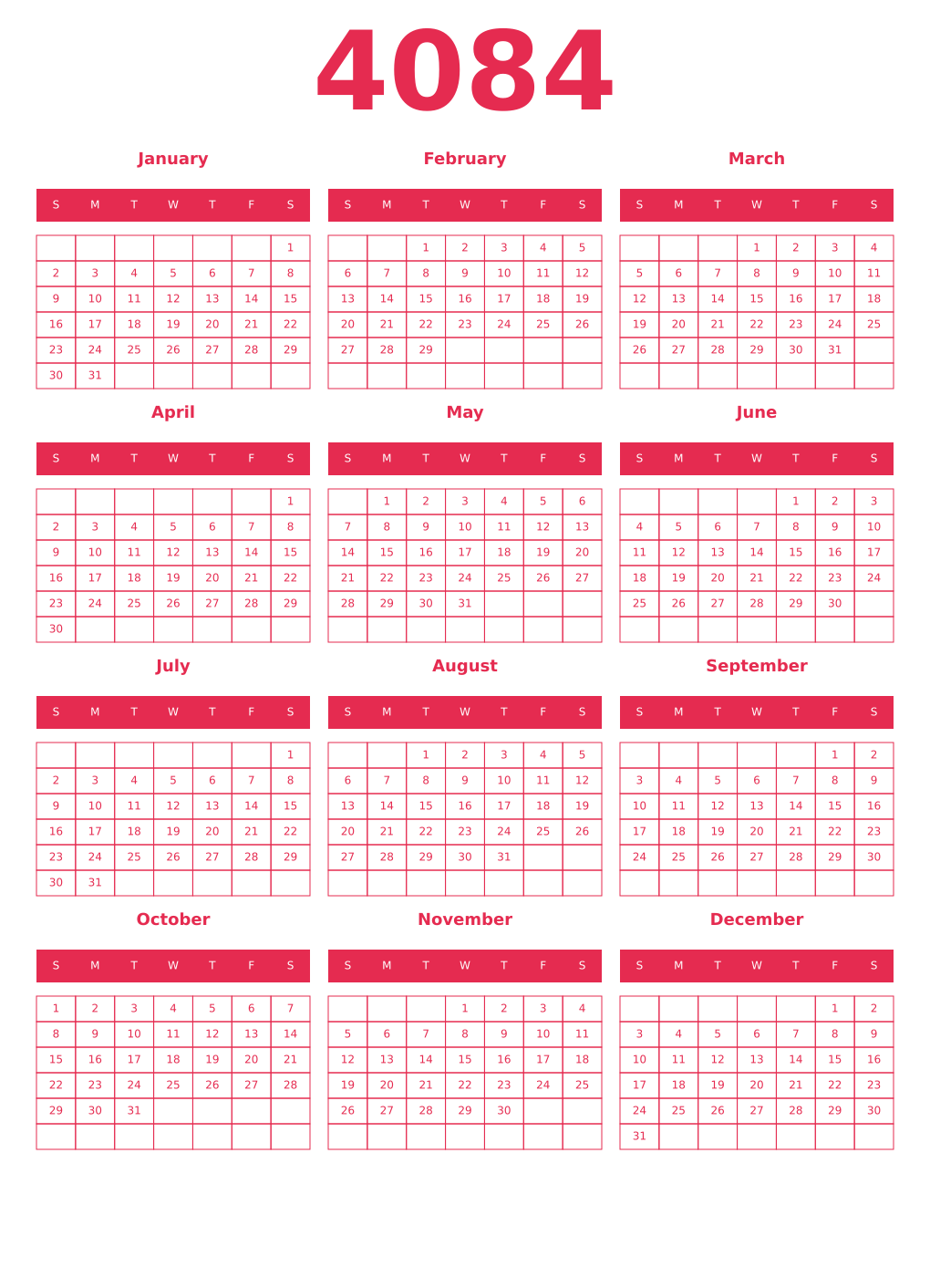 Printable 4084 Year Calendars amaranth