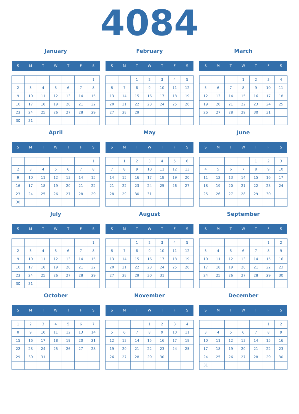 Printable 4084 Year Calendars blue