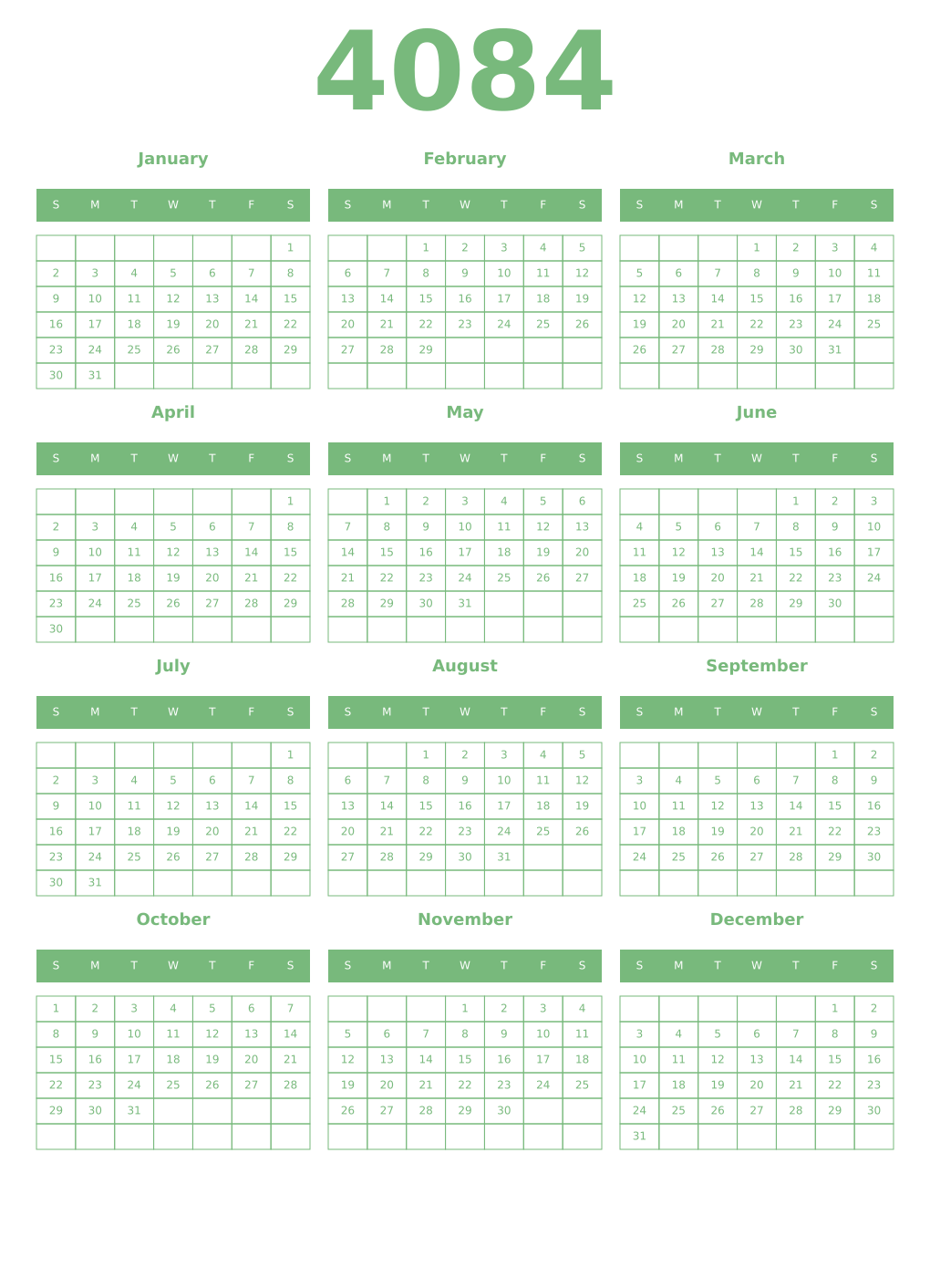 Printable 4084 Year Calendars celadon
