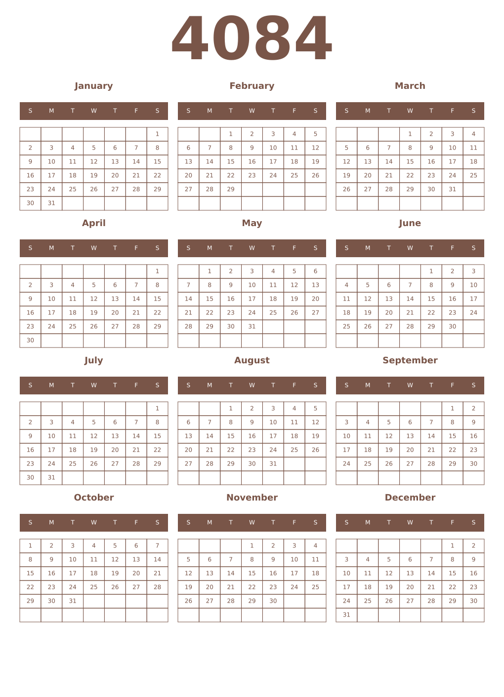 Printable 4084 Year Calendars coffe