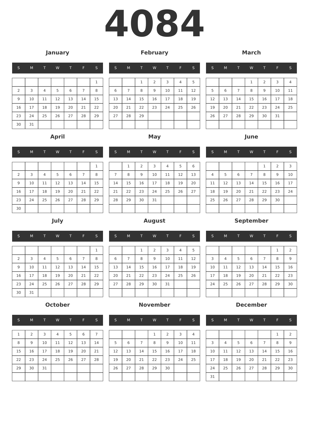 Printable 4084 Year Calendars dark