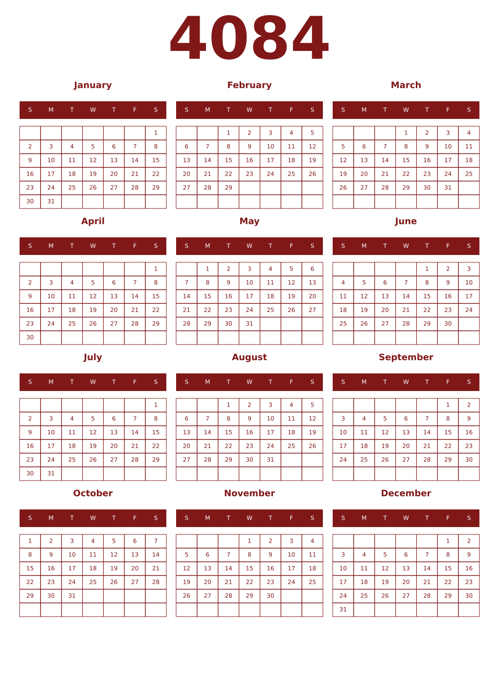 Printable 4084 Year Calendars falu