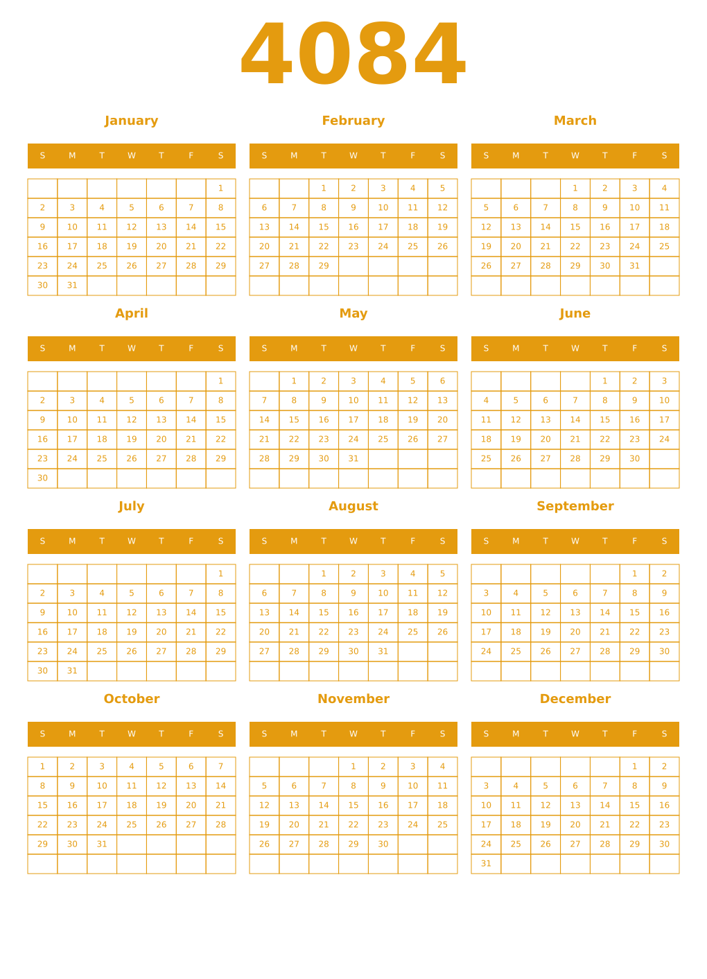 Printable 4084 Year Calendars gamboge