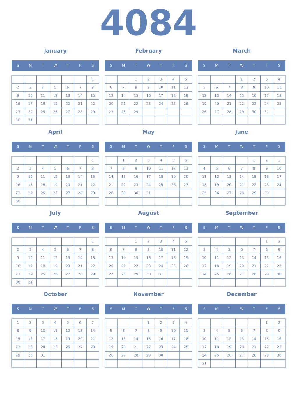 Printable 4084 Year Calendars glaucous