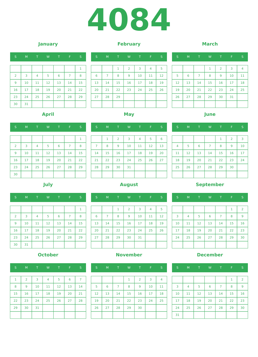 Printable 4084 Year Calendars green
