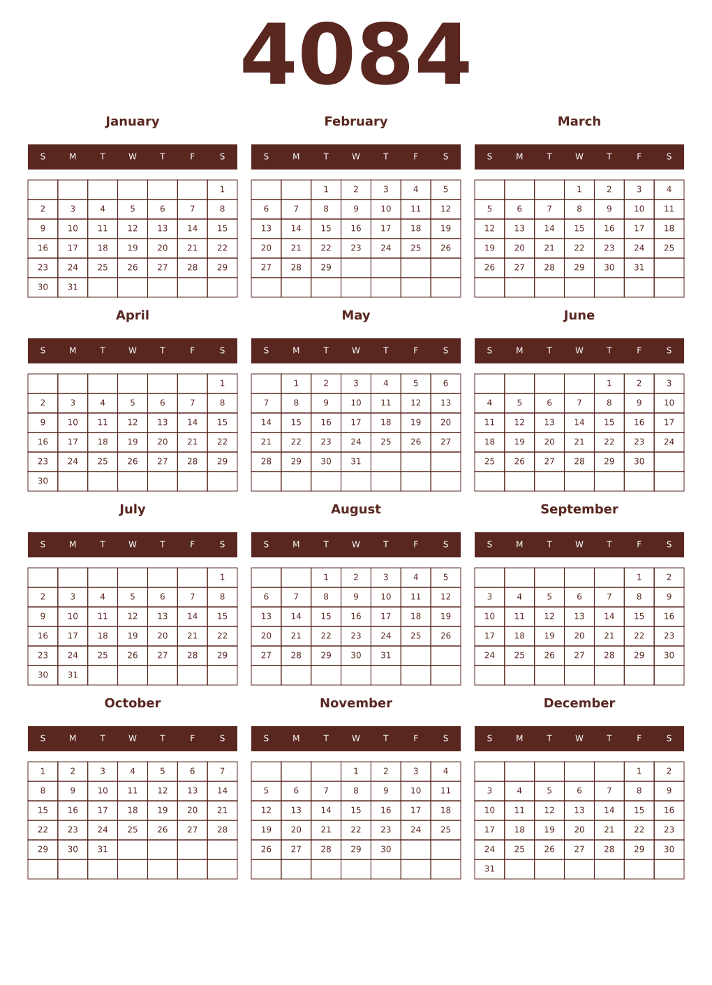 Printable 4084 Year Calendars mortuum