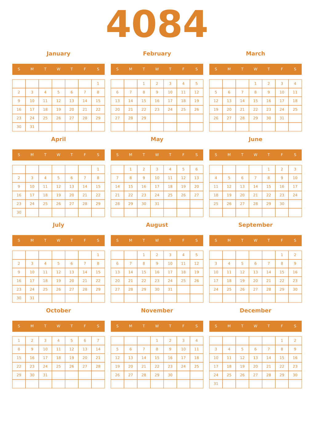 Printable 4084 Year Calendars orange