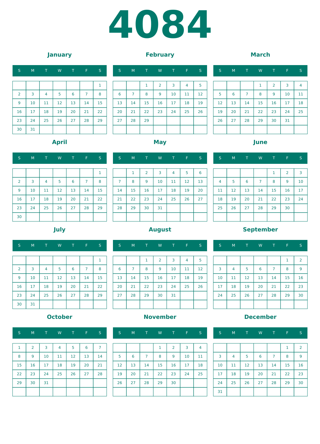 Printable 4084 Year Calendars pastel