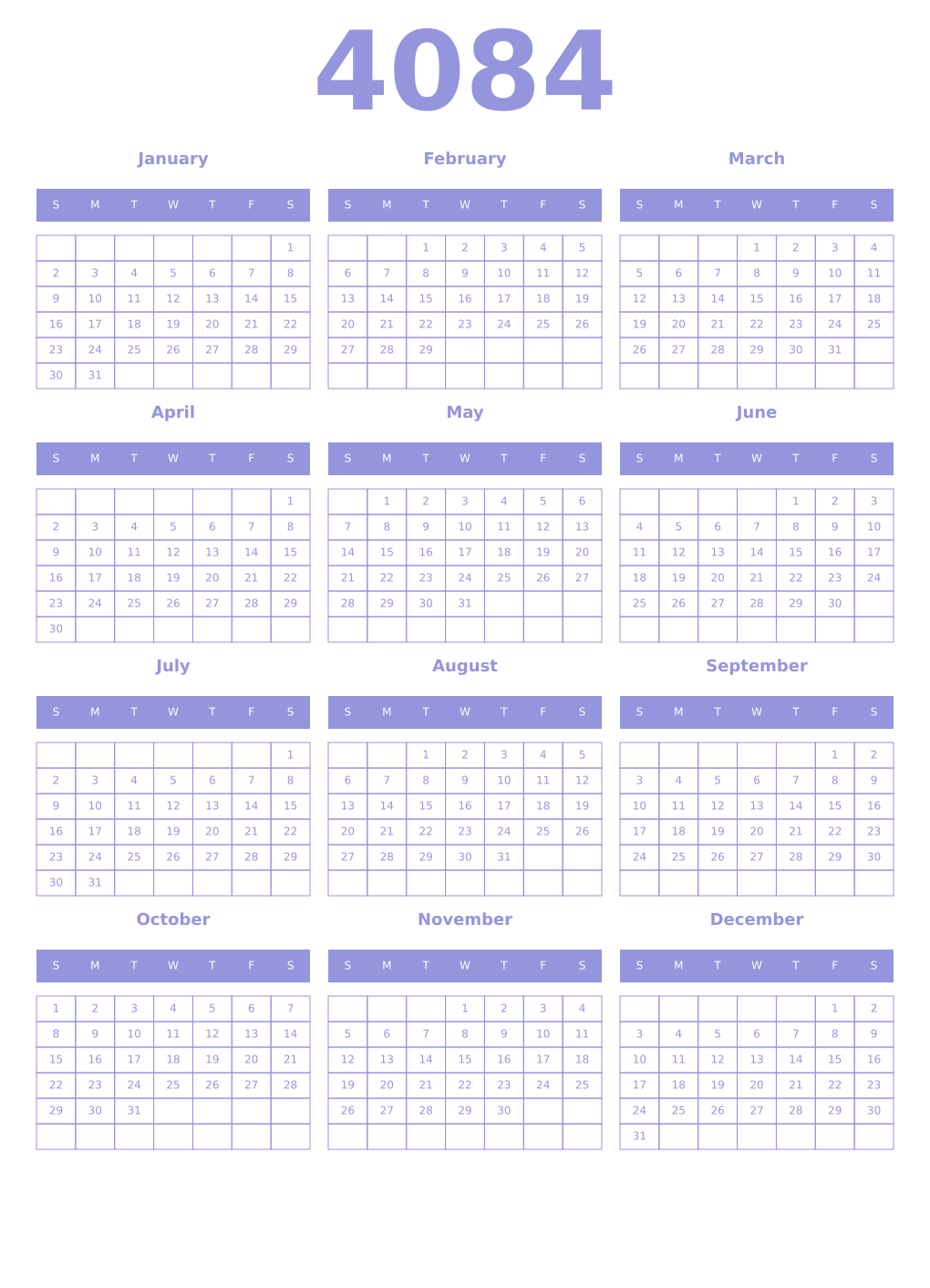Printable 4084 Year Calendars periwinkle