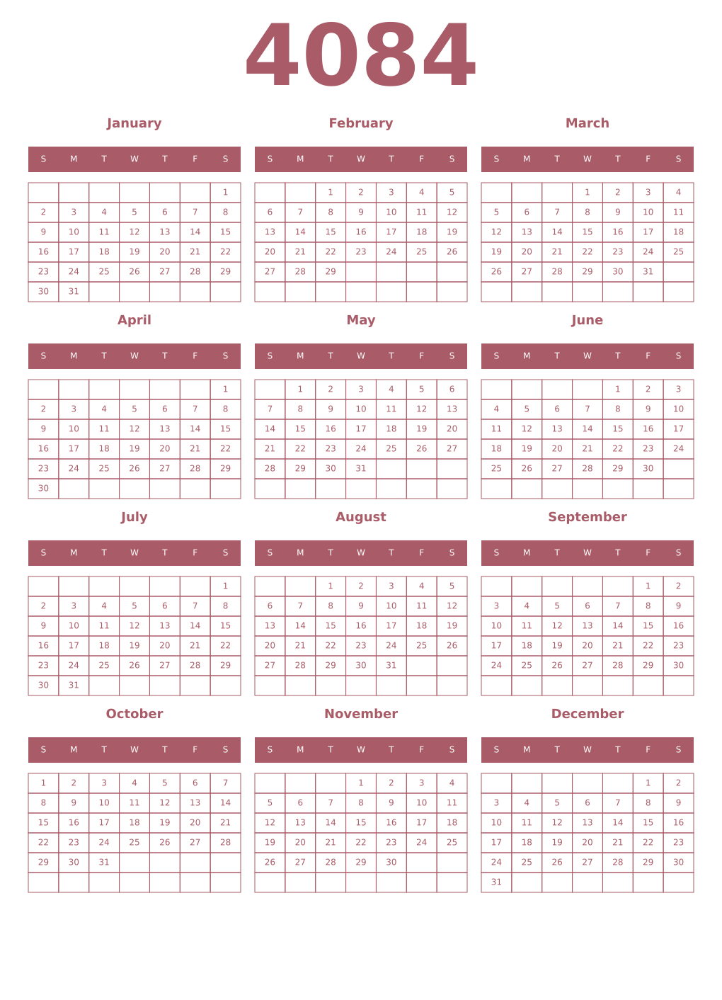 Printable 4084 Year Calendars puce