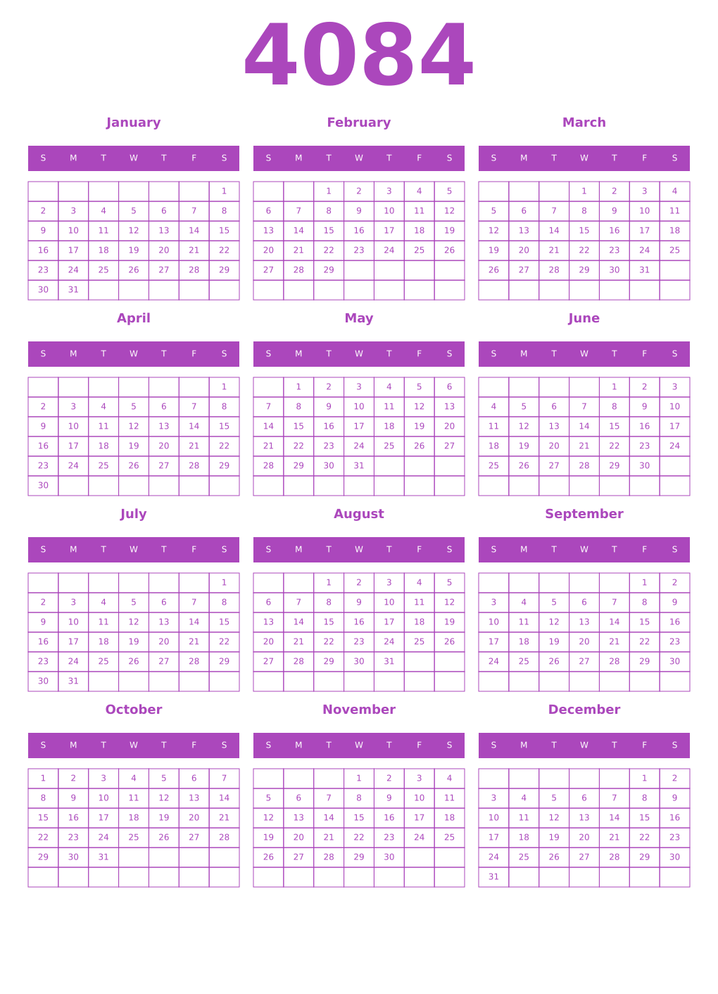Printable 4084 Year Calendars purple
