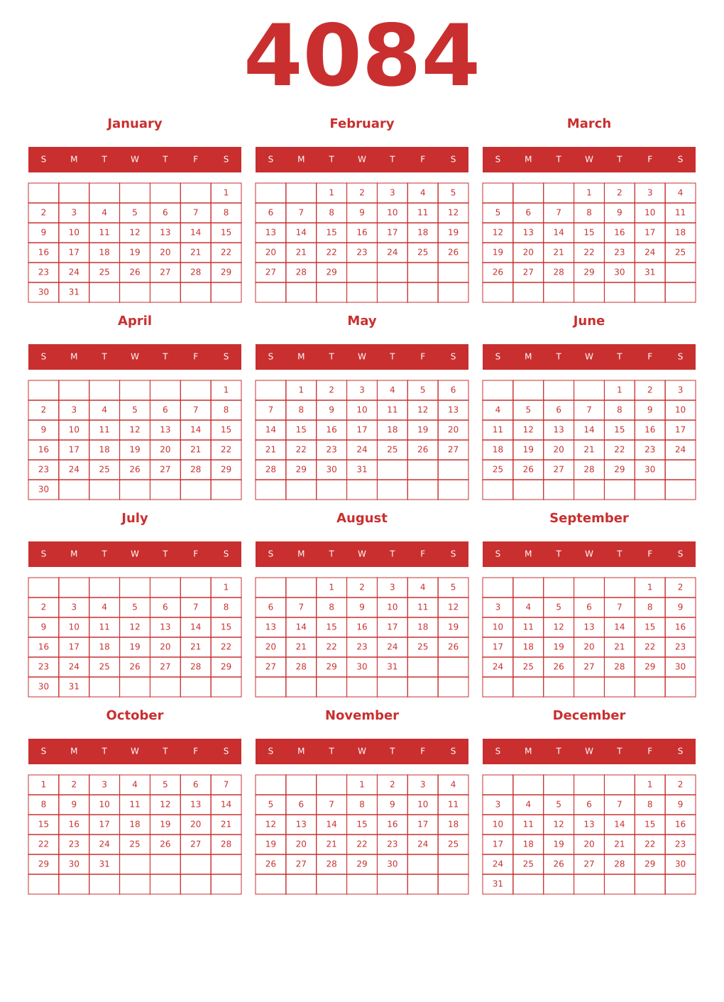 Printable 4084 Year Calendars red