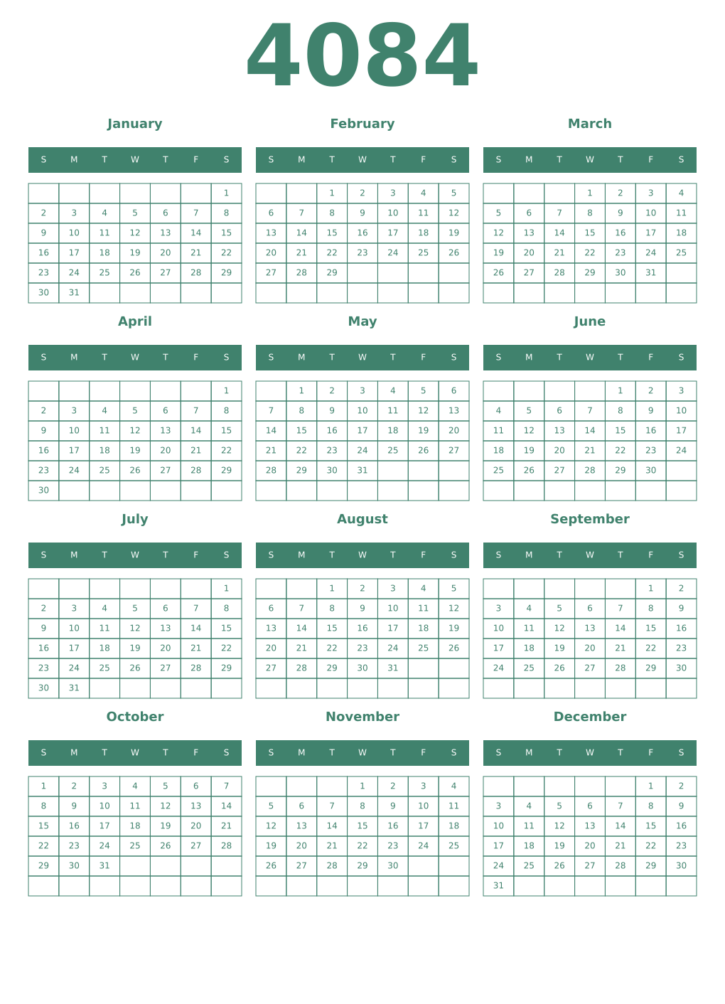 Printable 4084 Year Calendars viridian