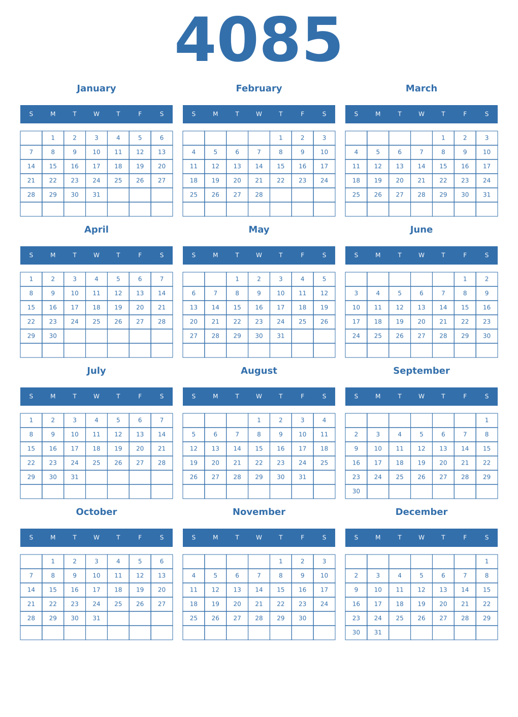 Printable 4085 Year Calendars blue