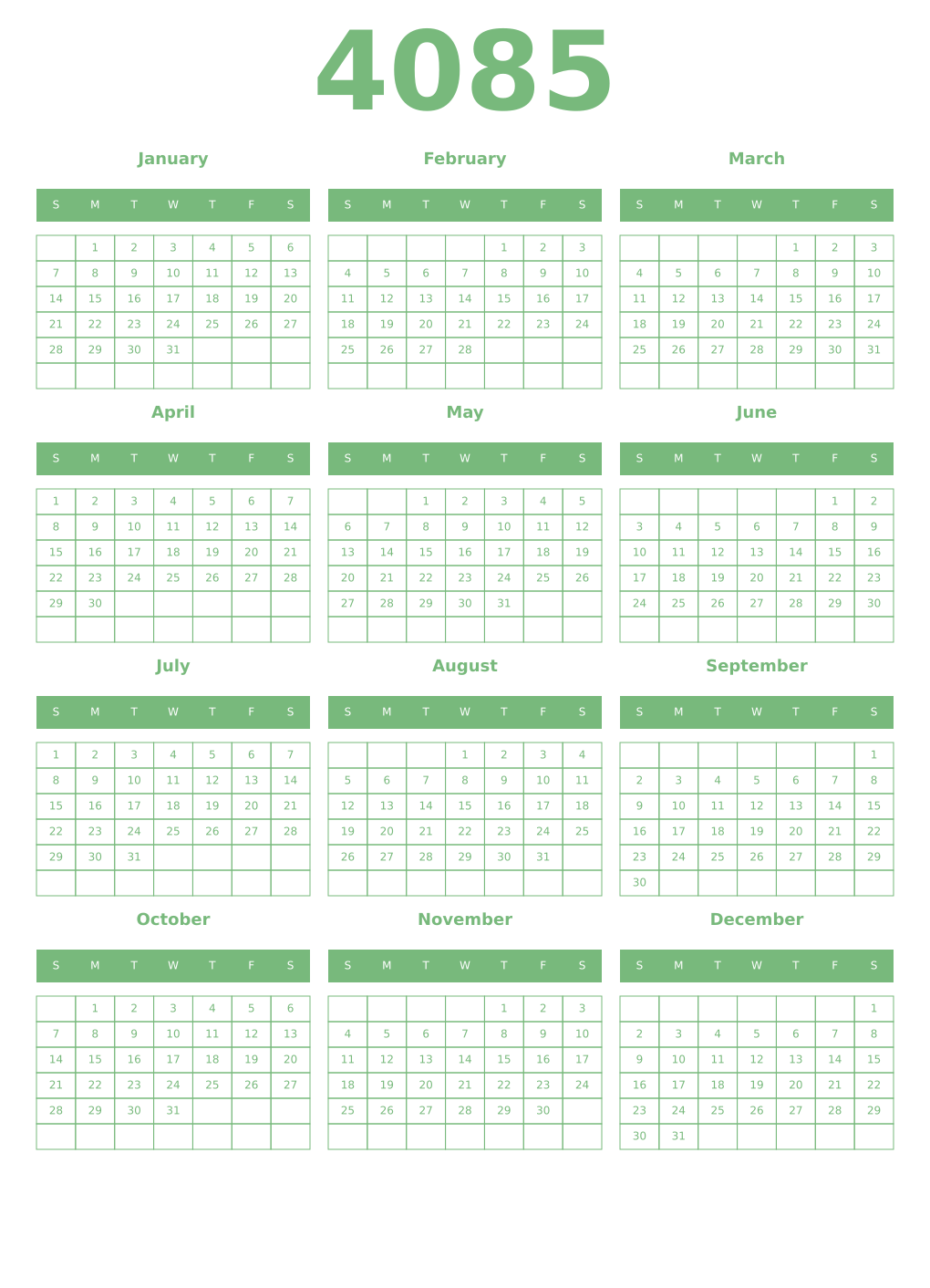 Printable 4085 Year Calendars celadon