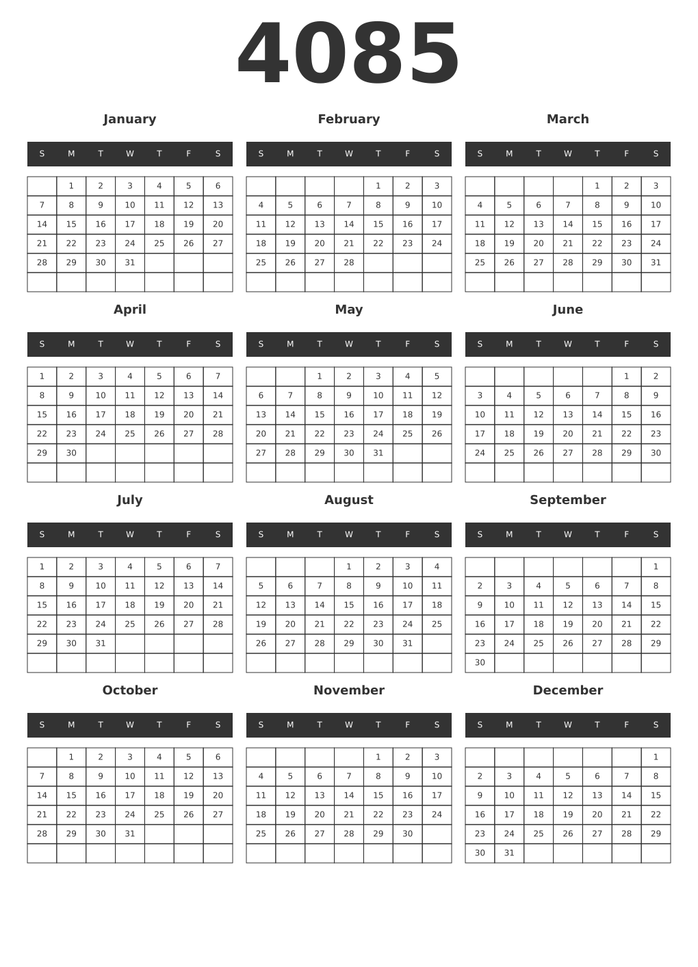 Printable 4085 Year Calendars dark