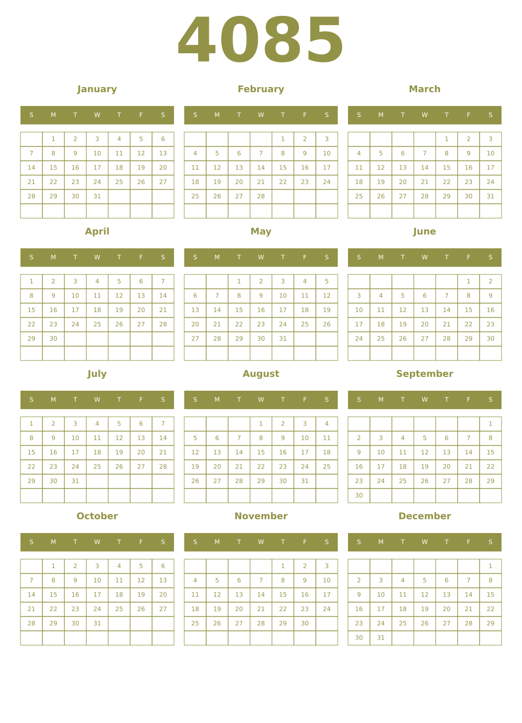 Printable 4085 Year Calendars eburnean
