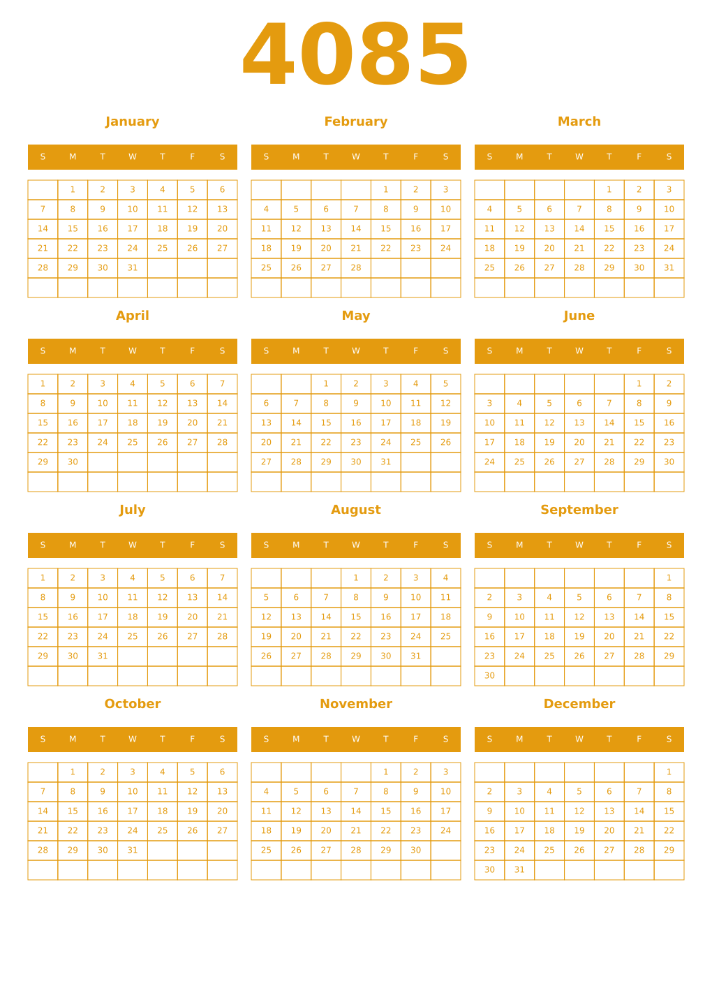 Printable 4085 Year Calendars gamboge