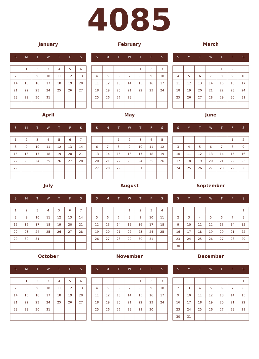 Printable 4085 Year Calendars mortuum