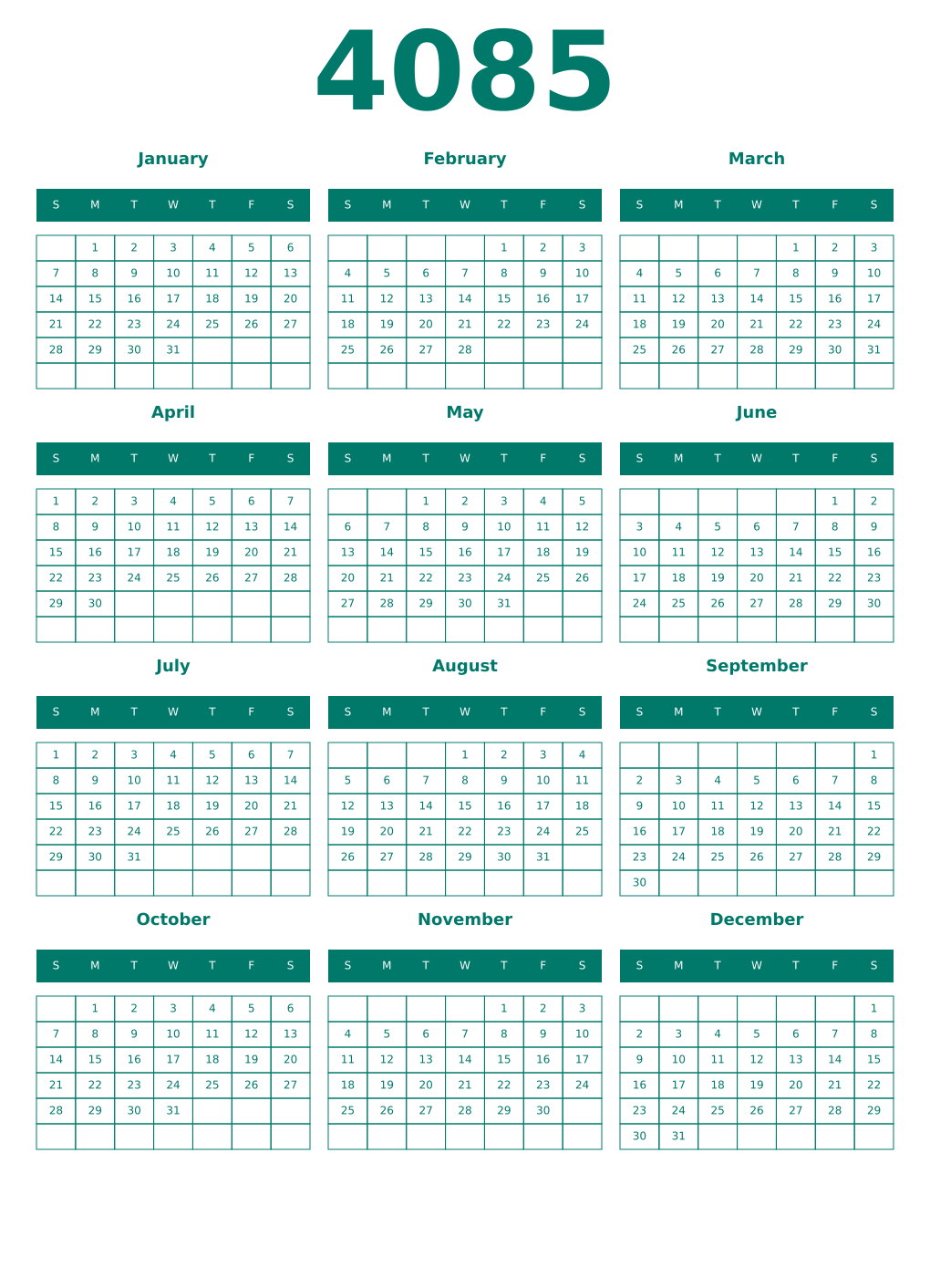 Printable 4085 Year Calendars pastel