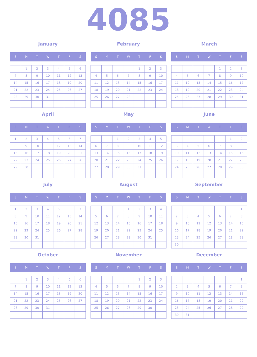 Printable 4085 Year Calendars periwinkle