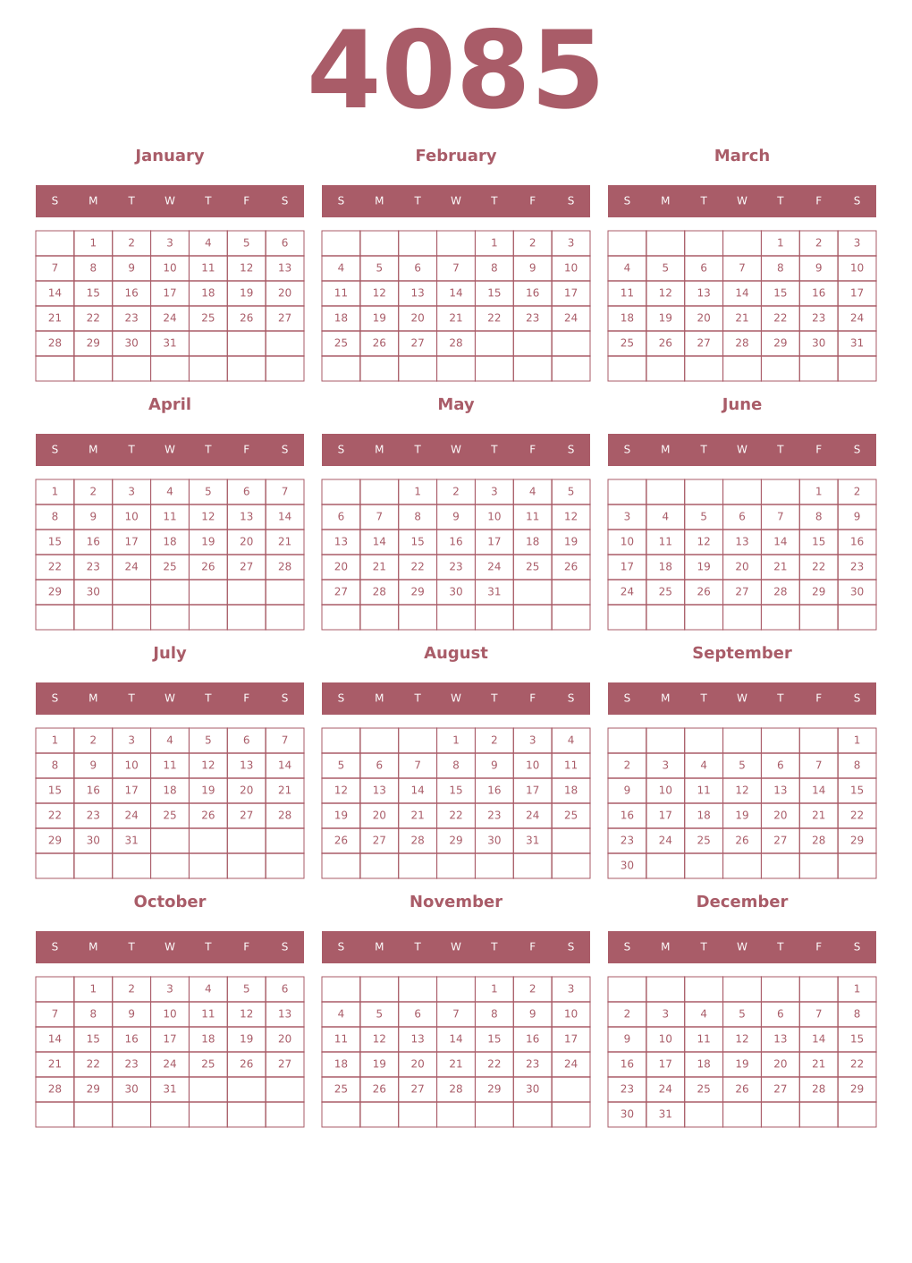 Printable 4085 Year Calendars puce
