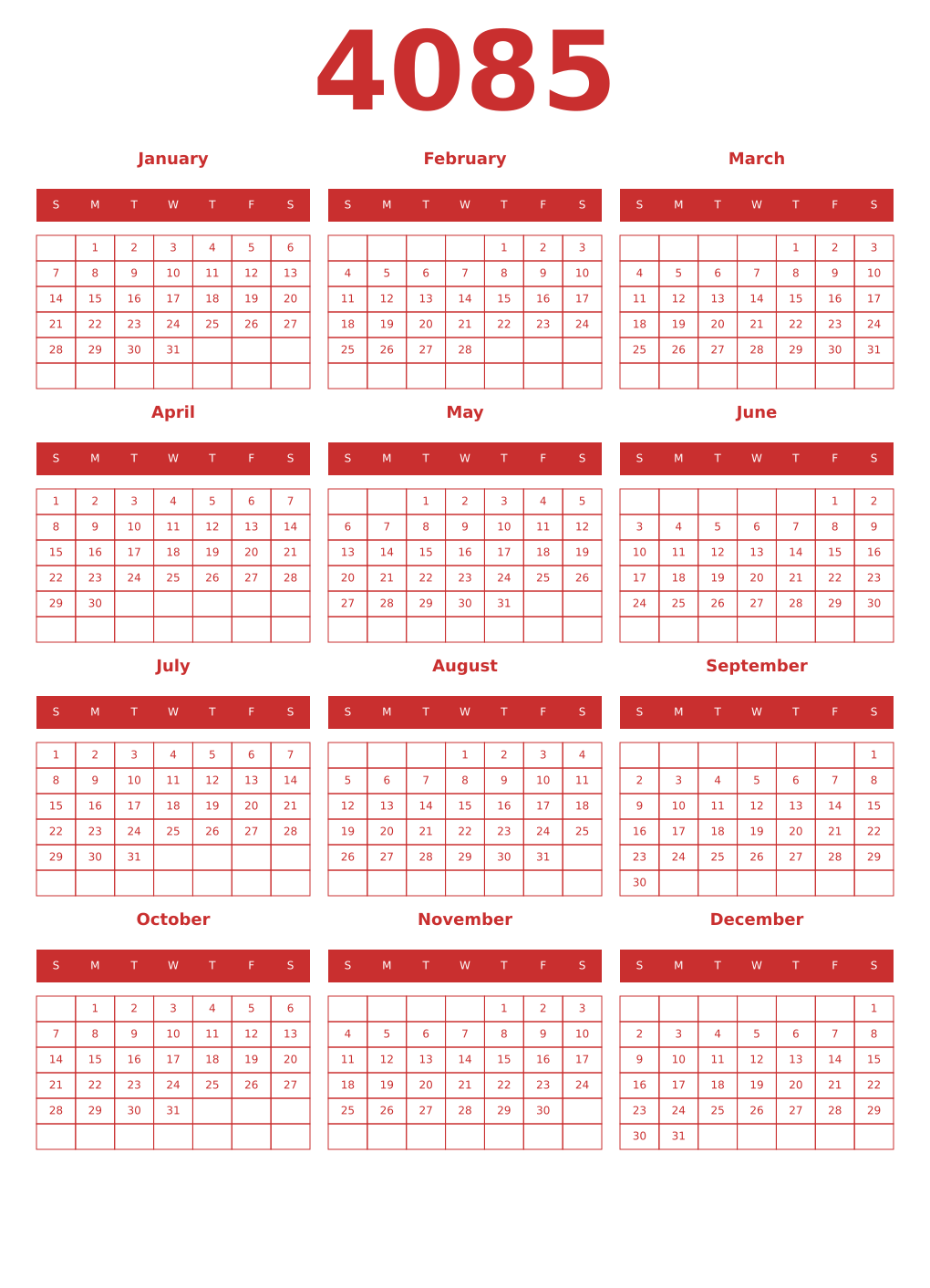 Printable 4085 Year Calendars red