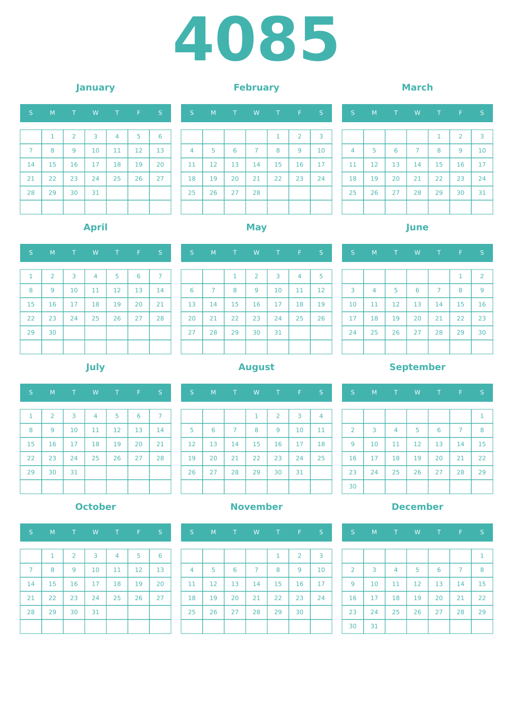 Printable 4085 Year Calendars verdigris