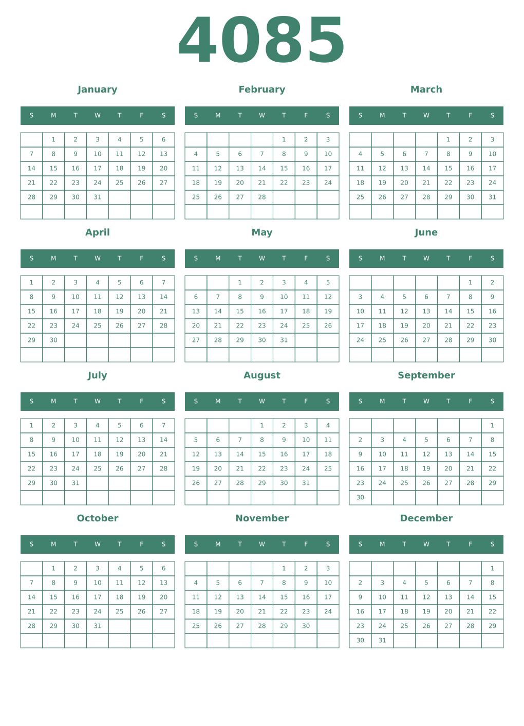 Printable 4085 Year Calendars viridian