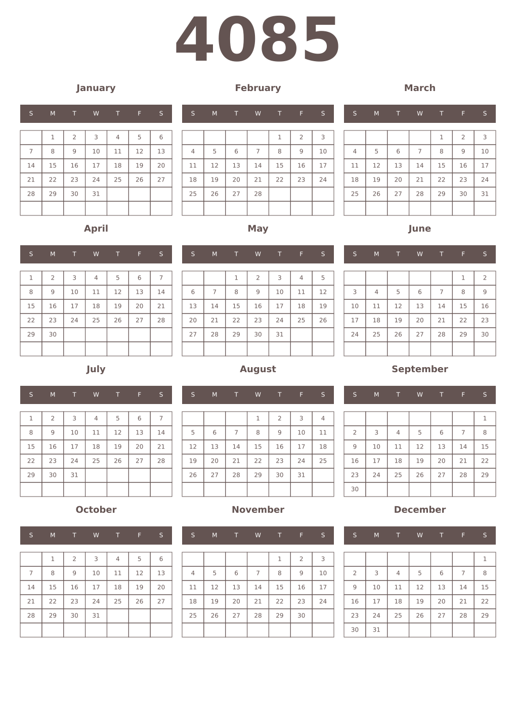 Printable 4085 Year Calendars wenge