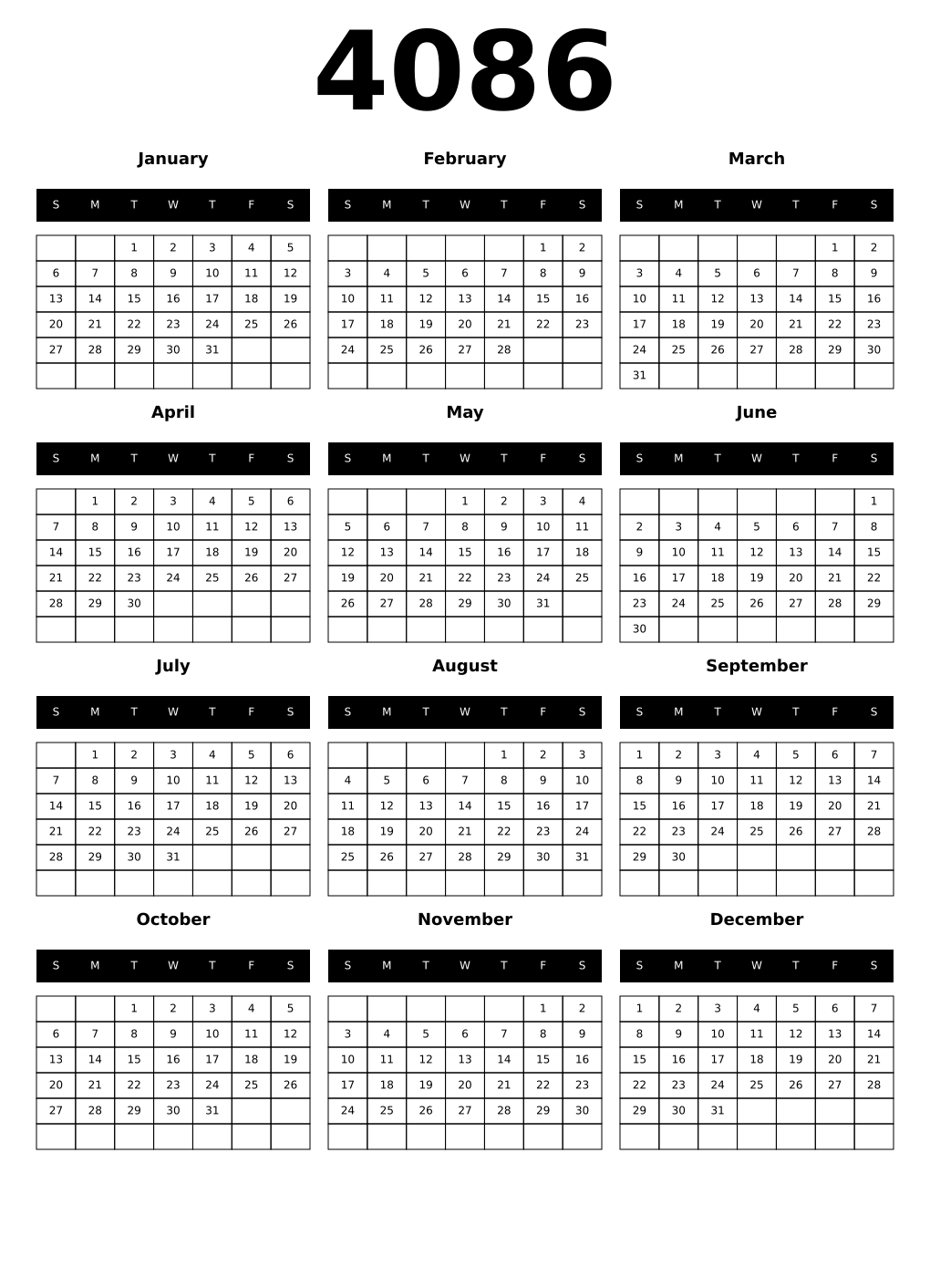 Printable 4086 Year Calendars black