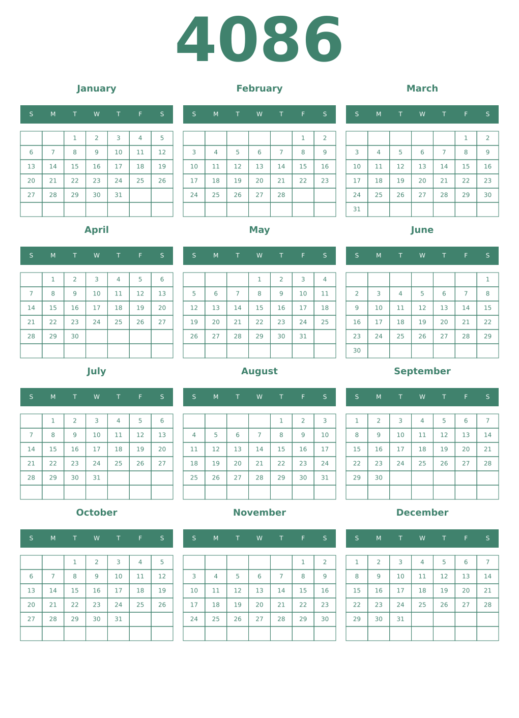 Printable 4086 Year Calendars viridian