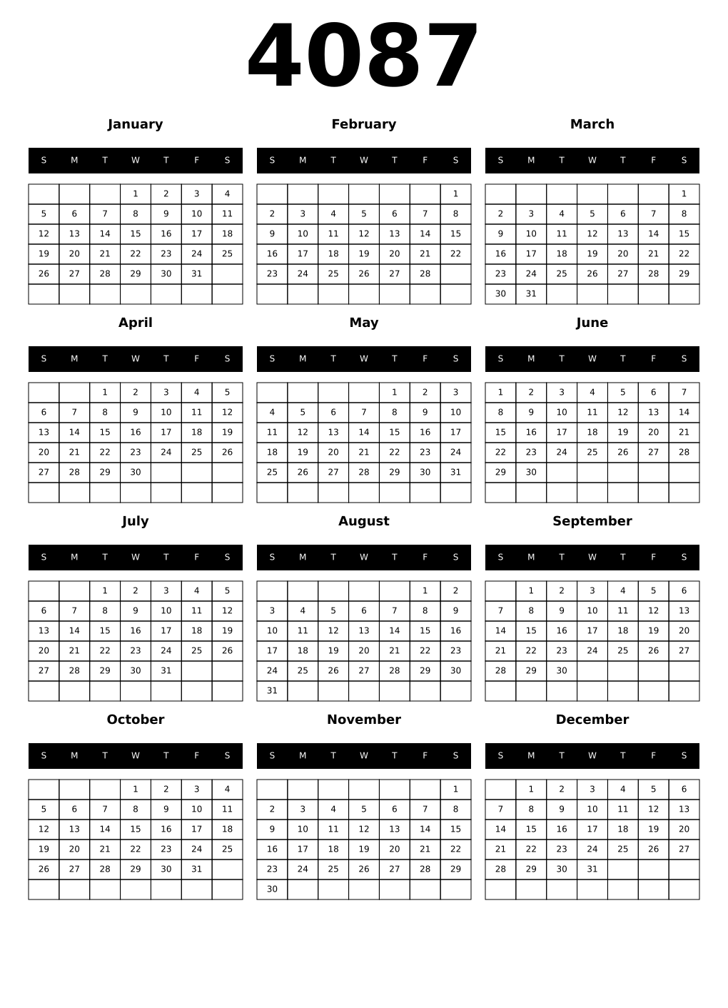 Printable 4087 Year Calendars black