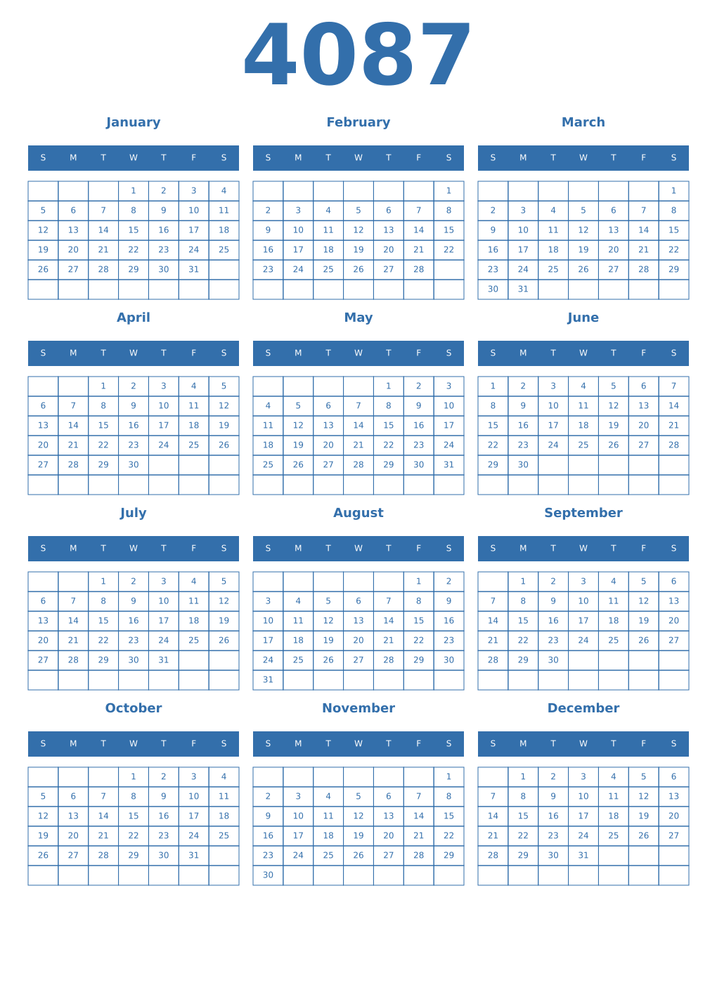 Printable 4087 Year Calendars blue