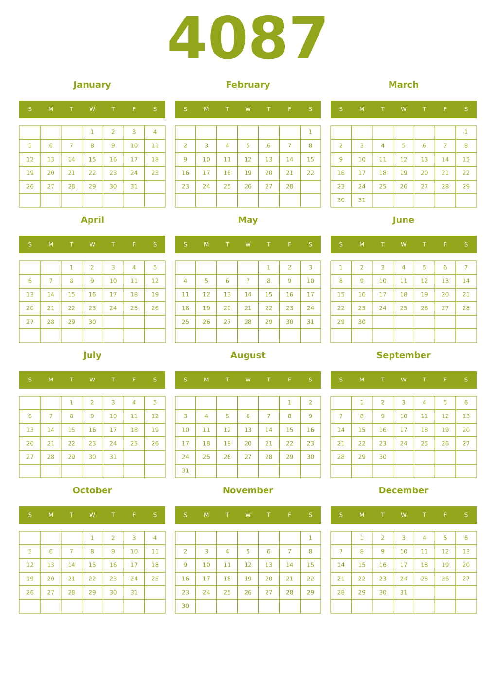 Printable 4087 Year Calendars chartreuse